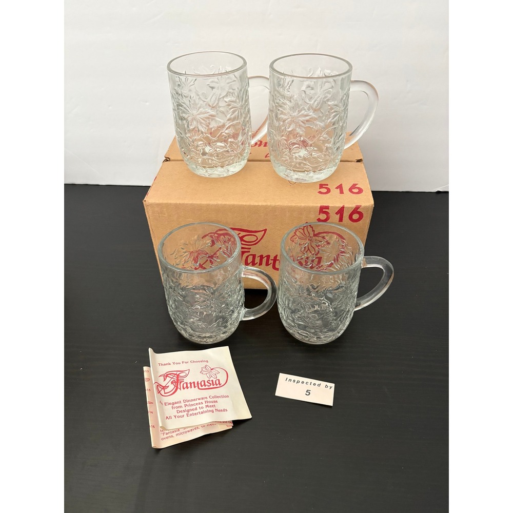 NOS VTG Princess House Fantasia Clear Glass Mugs Set of 4 Floral #516 Orig Box